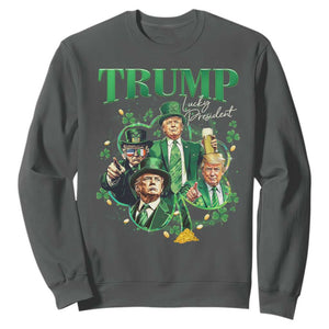 Funny Trump St. Patrick's Day Sweatshirt Shamrock Lucky President Trump TS09 Dark Heather Print Your Wear