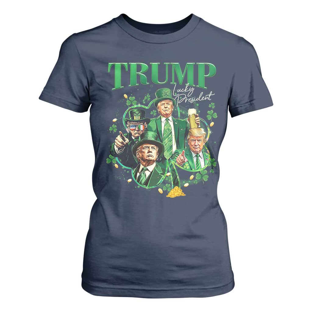 Funny Trump St. Patrick's Day T Shirt For Women Shamrock Lucky President Trump TS09 Navy Print Your Wear
