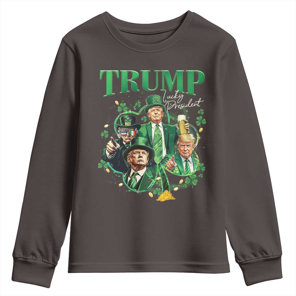Funny Trump St. Patrick's Day Youth Sweatshirt Shamrock Lucky President Trump TS09 Dark Chocolate Print Your Wear