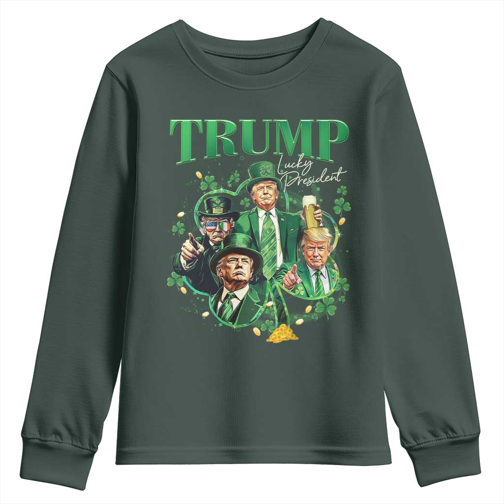Funny Trump St. Patrick's Day Youth Sweatshirt Shamrock Lucky President Trump TS09 Dark Forest Green Print Your Wear