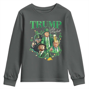 Funny Trump St. Patrick's Day Youth Sweatshirt Shamrock Lucky President Trump TS09 Dark Heather Print Your Wear
