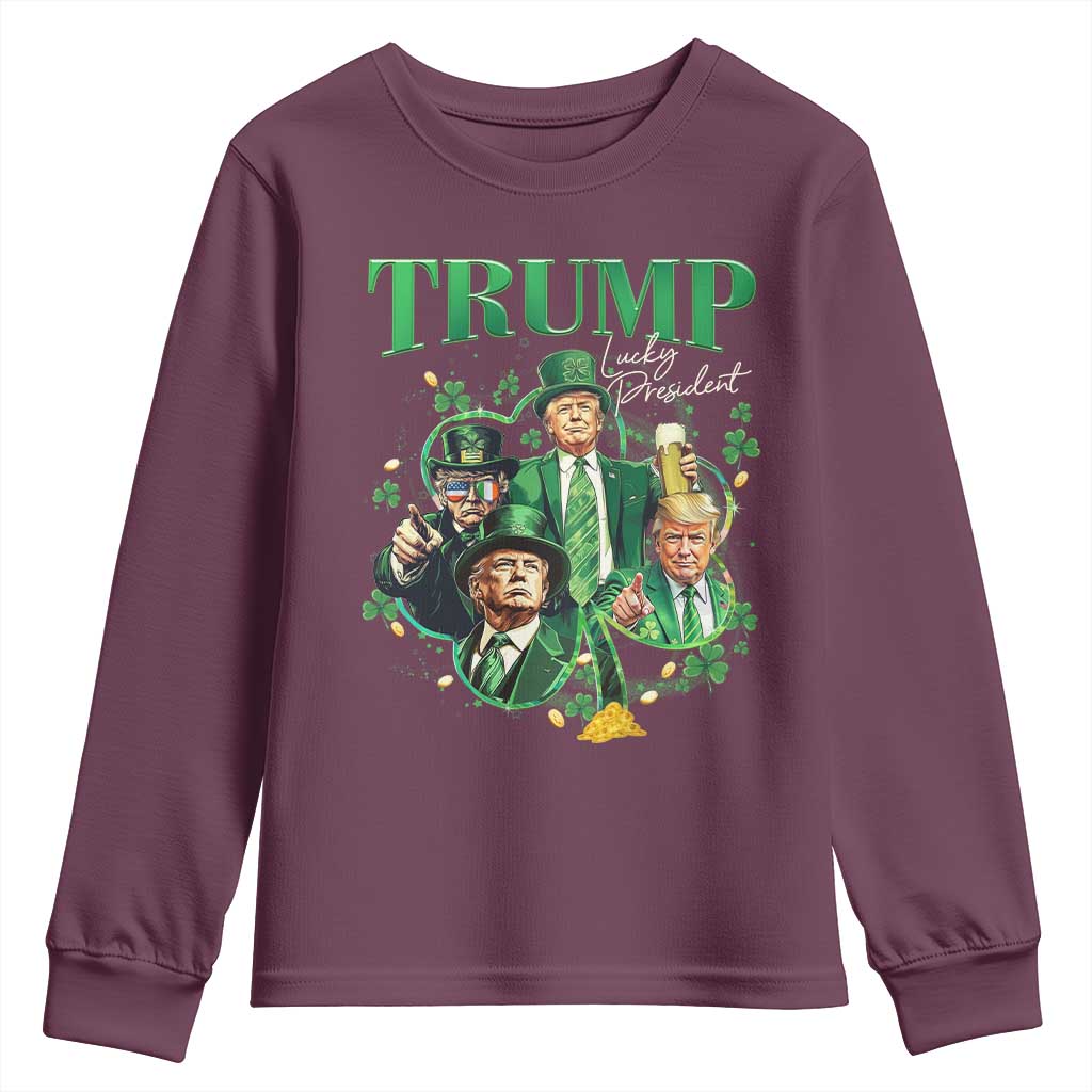 Funny Trump St. Patrick's Day Youth Sweatshirt Shamrock Lucky President Trump TS09 Maroon Print Your Wear