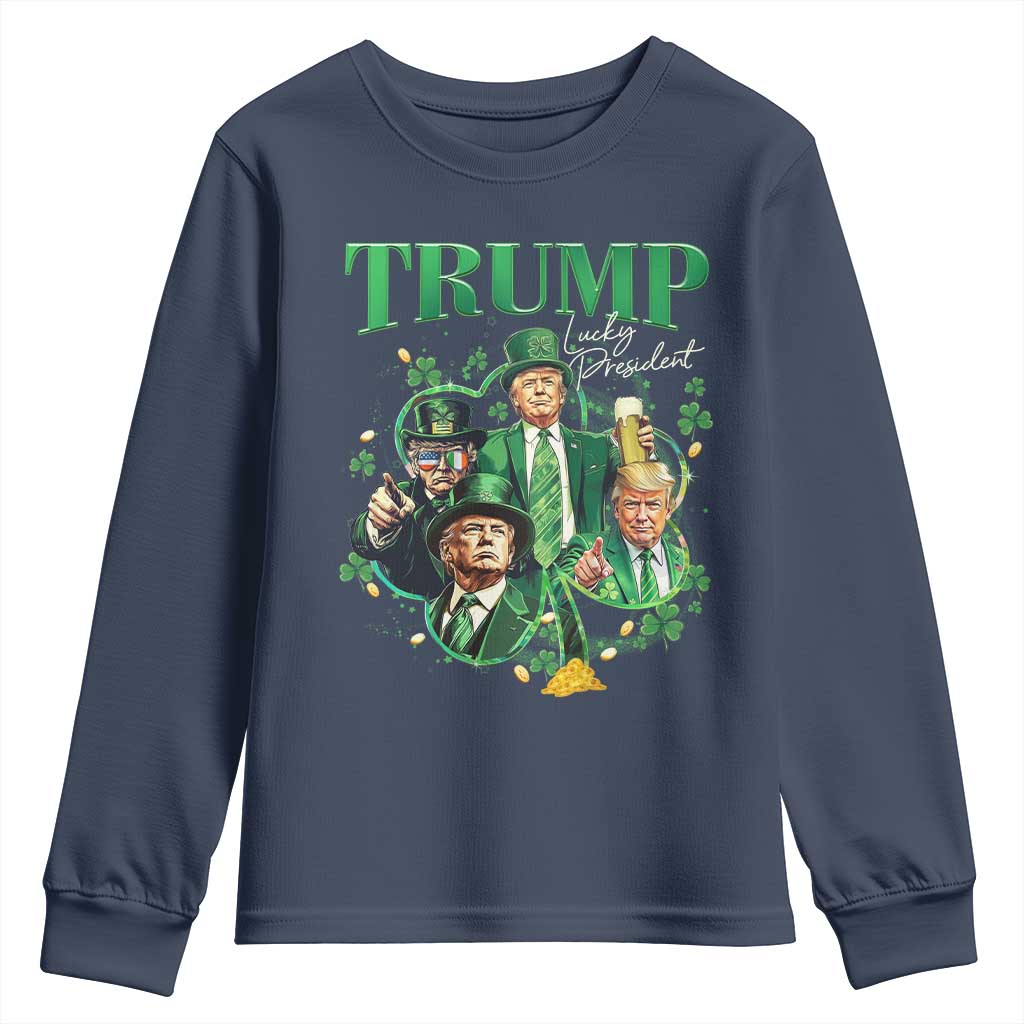 Funny Trump St. Patrick's Day Youth Sweatshirt Shamrock Lucky President Trump TS09 Navy Print Your Wear