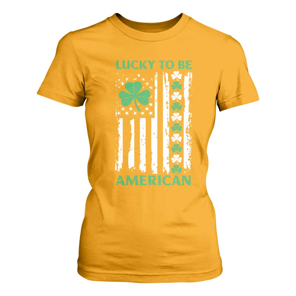 St. Patrick's Day Patriotic America Pride T Shirt For Women Lucky To Be American Shamrock Flag TS09 Gold Print Your Wear