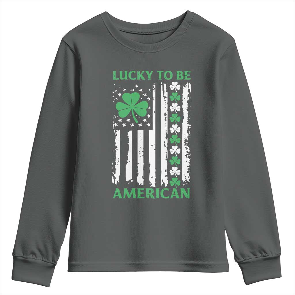 St. Patrick's Day Patriotic America Pride Youth Sweatshirt Lucky To Be American Shamrock Flag TS09 Dark Heather Print Your Wear