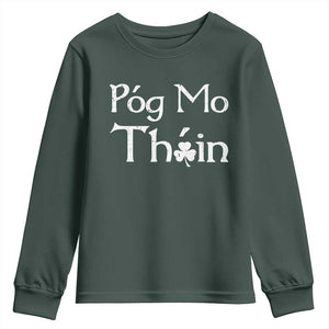 Funny St. Patrick's Day Youth Sweatshirt Pog Mo Thoin Gaelic Saying Kiss My Ass TS09 Dark Forest Green Print Your Wear