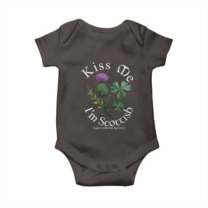 Funny St. Patrick's Day Baby Onesie Kiss Me I'm Scottish TS09 Dark Chocolate Print Your Wear