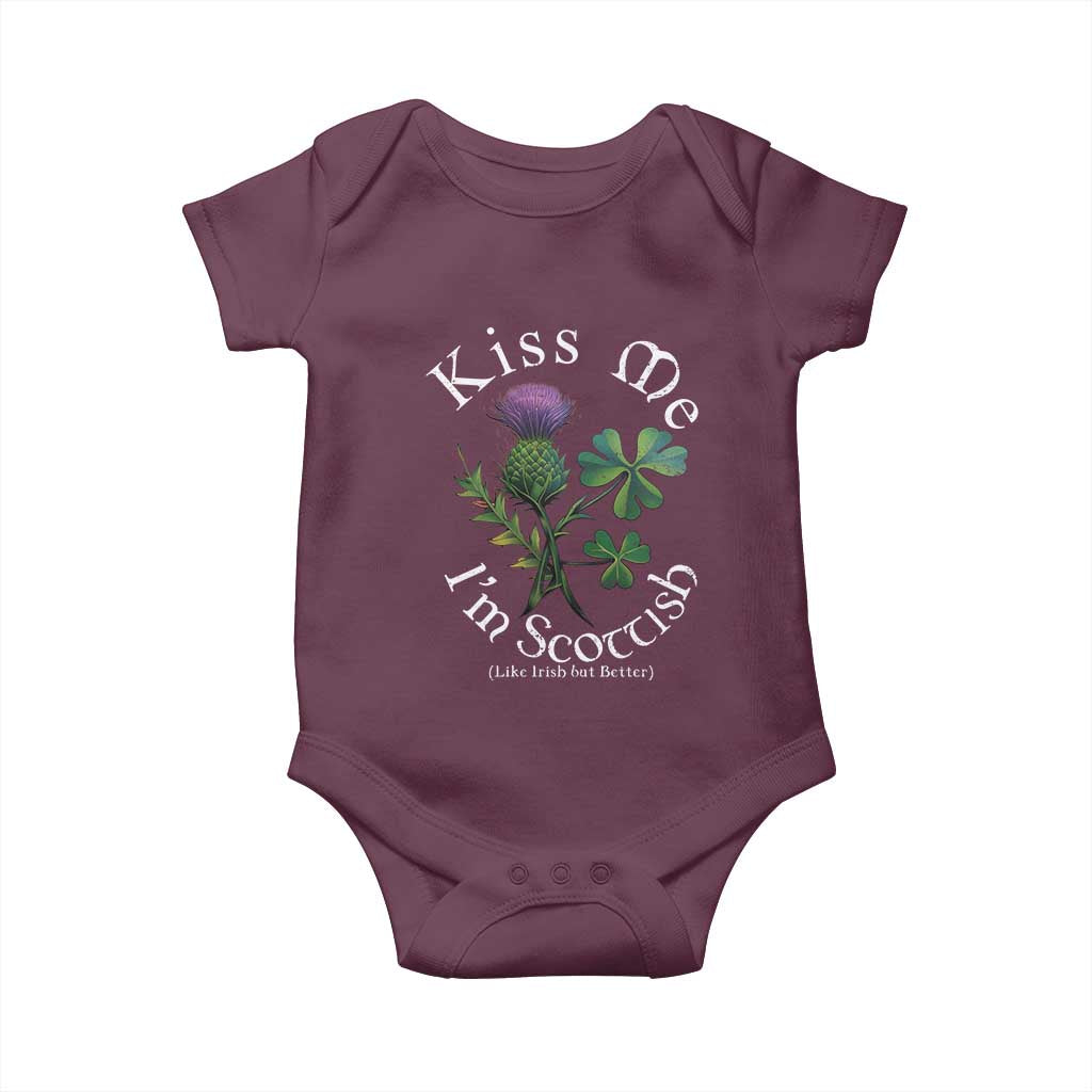 Funny St. Patrick's Day Baby Onesie Kiss Me I'm Scottish TS09 Maroon Print Your Wear