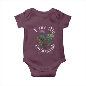 Funny St. Patrick's Day Baby Onesie Kiss Me I'm Scottish TS09 Maroon Print Your Wear