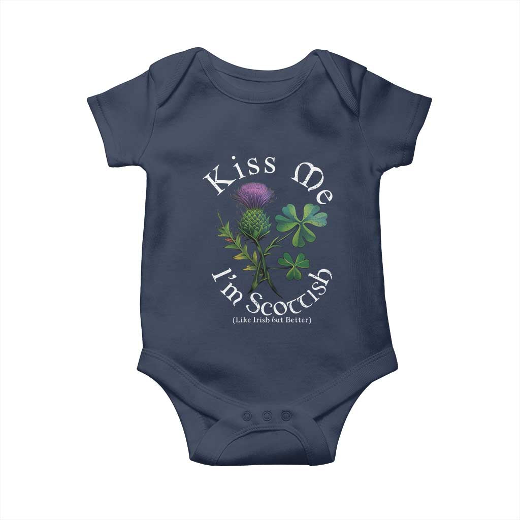 Funny St. Patrick's Day Baby Onesie Kiss Me I'm Scottish TS09 Navy Print Your Wear