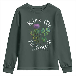 Funny St. Patrick's Day Youth Sweatshirt Kiss Me I'm Scottish TS09 Dark Forest Green Print Your Wear