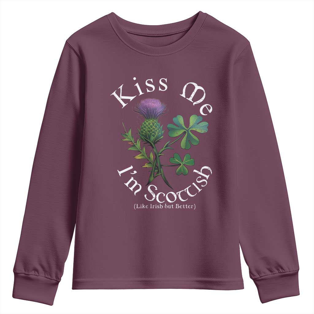 Funny St. Patrick's Day Youth Sweatshirt Kiss Me I'm Scottish TS09 Maroon Print Your Wear