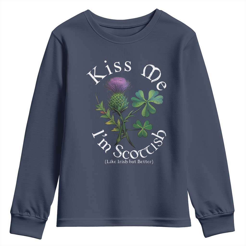 Funny St. Patrick's Day Youth Sweatshirt Kiss Me I'm Scottish TS09 Navy Print Your Wear