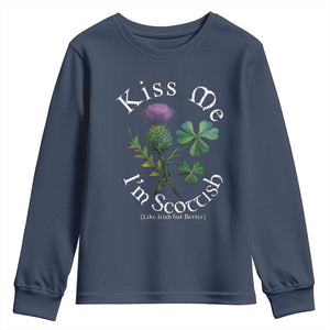 Funny St. Patrick's Day Youth Sweatshirt Kiss Me I'm Scottish TS09 Navy Print Your Wear