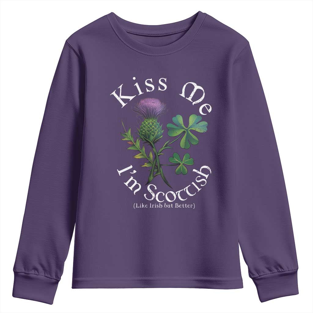 Funny St. Patrick's Day Youth Sweatshirt Kiss Me I'm Scottish TS09 Purple Print Your Wear