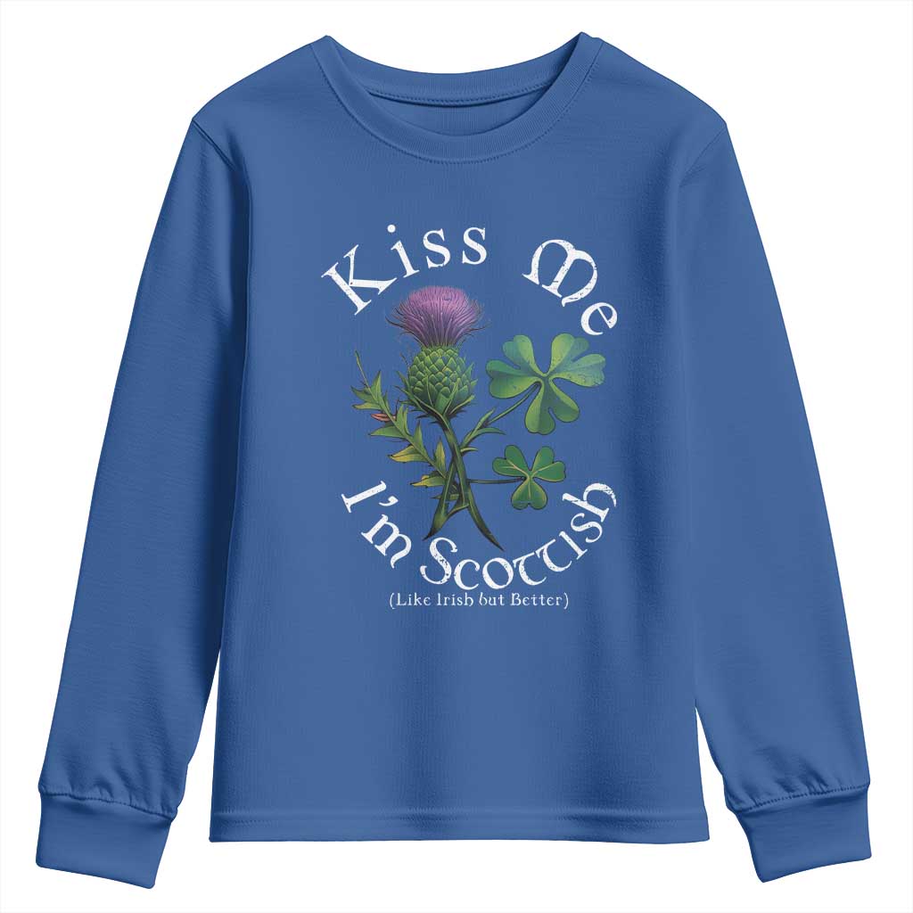 Funny St. Patrick's Day Youth Sweatshirt Kiss Me I'm Scottish TS09 Royal Blue Print Your Wear