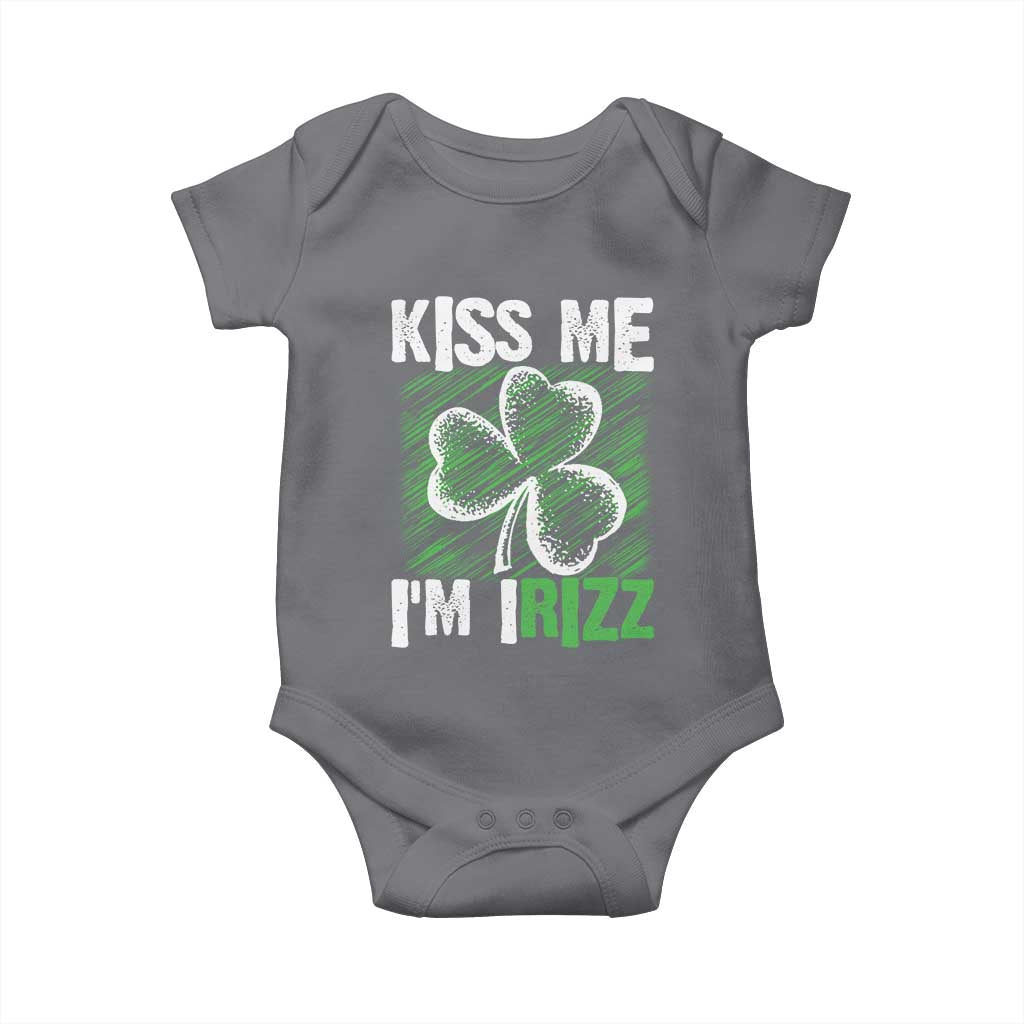 Funny St. Patrick's Day Baby Onesie Kiss Me I'm iRizz Shamrock TS09 Charcoal Print Your Wear