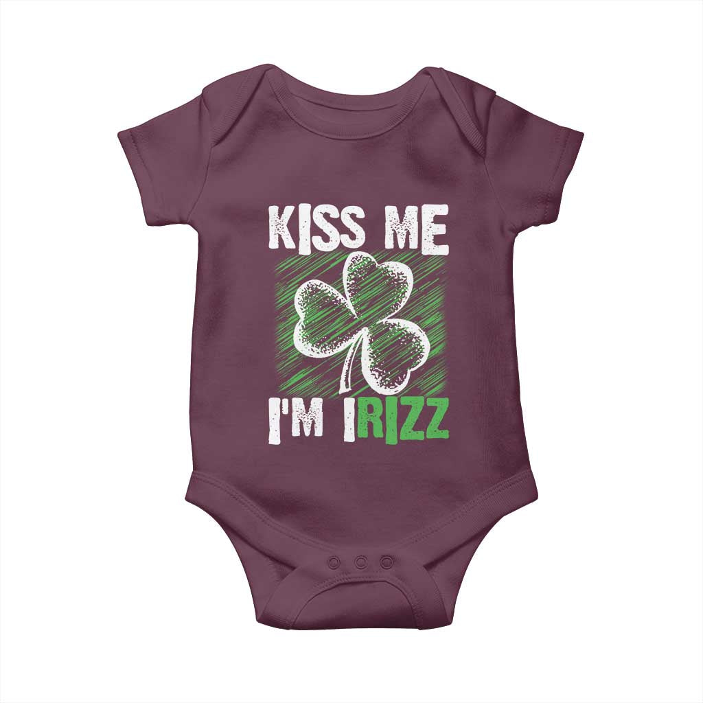 Funny St. Patrick's Day Baby Onesie Kiss Me I'm iRizz Shamrock TS09 Maroon Print Your Wear