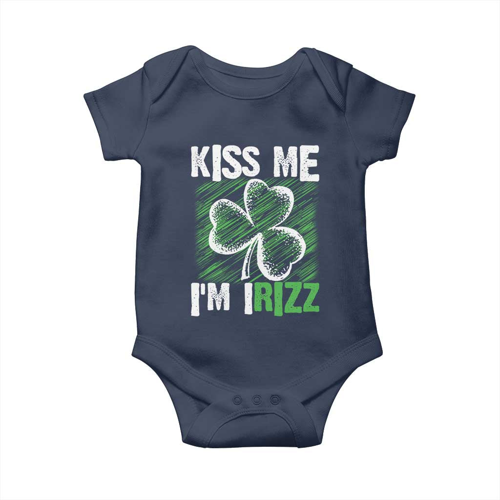 Funny St. Patrick's Day Baby Onesie Kiss Me I'm iRizz Shamrock TS09 Navy Print Your Wear