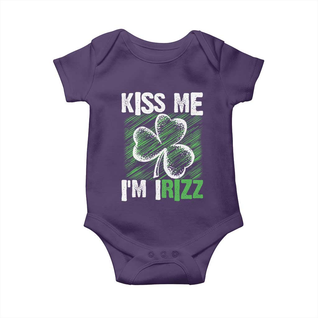 Funny St. Patrick's Day Baby Onesie Kiss Me I'm iRizz Shamrock TS09 Purple Print Your Wear