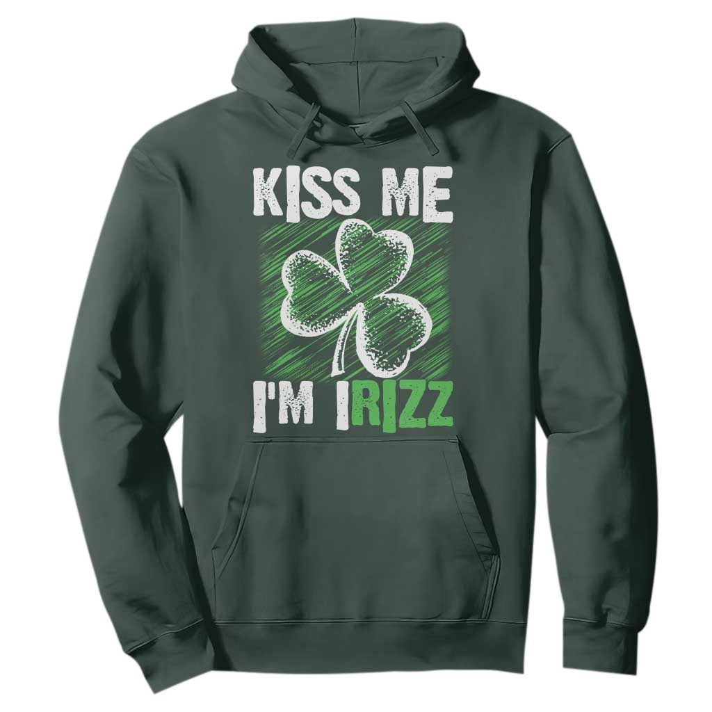 Funny St. Patrick's Day Hoodie Kiss Me I'm iRizz Shamrock TS09 Dark Forest Green Print Your Wear