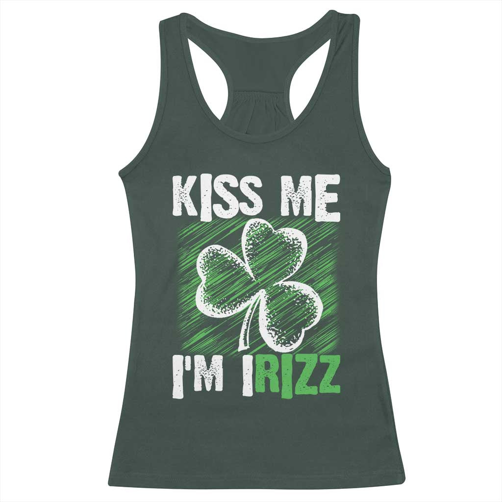 Funny St. Patrick's Day Racerback Tank Top Kiss Me I'm iRizz Shamrock TS09 Dark Forest Green Print Your Wear