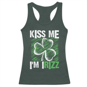 Funny St. Patrick's Day Racerback Tank Top Kiss Me I'm iRizz Shamrock TS09 Dark Forest Green Print Your Wear