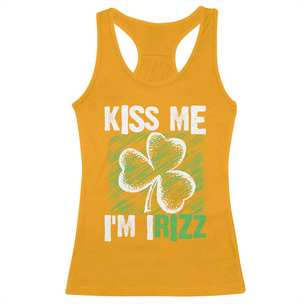 Funny St. Patrick's Day Racerback Tank Top Kiss Me I'm iRizz Shamrock TS09 Gold Print Your Wear