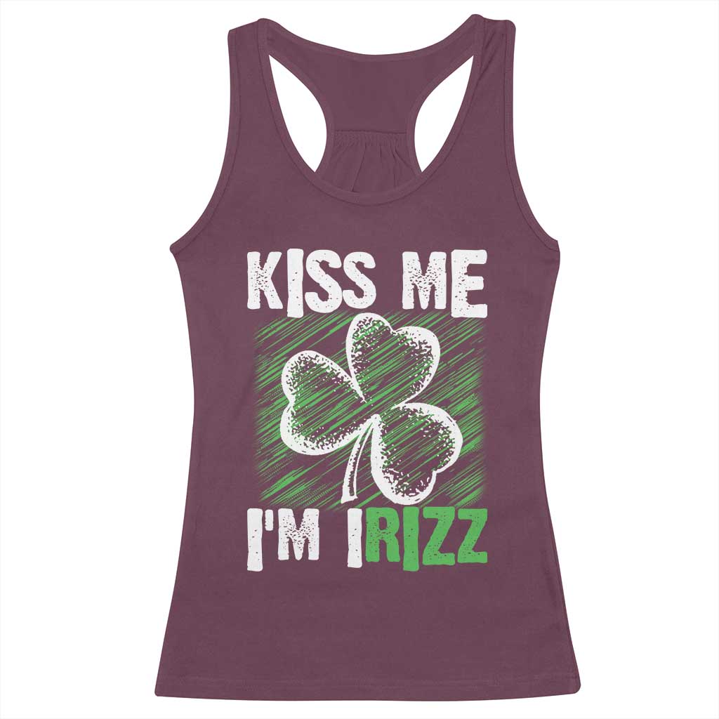 Funny St. Patrick's Day Racerback Tank Top Kiss Me I'm iRizz Shamrock TS09 Maroon Print Your Wear