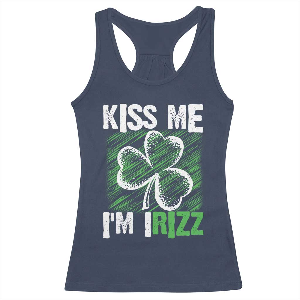 Funny St. Patrick's Day Racerback Tank Top Kiss Me I'm iRizz Shamrock TS09 Navy Print Your Wear