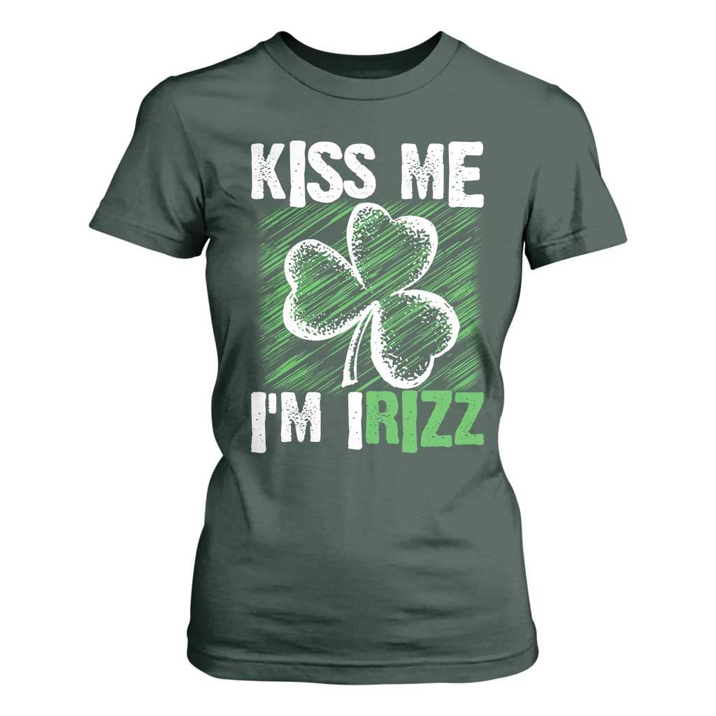 Funny St. Patrick's Day T Shirt For Women Kiss Me I'm iRizz Shamrock TS09 Dark Forest Green Print Your Wear
