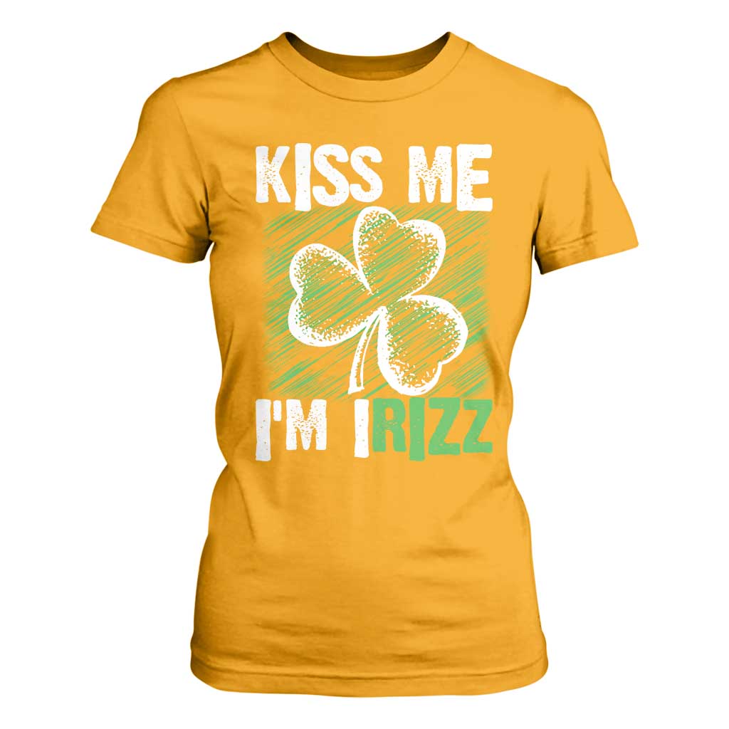 Funny St. Patrick's Day T Shirt For Women Kiss Me I'm iRizz Shamrock TS09 Gold Print Your Wear