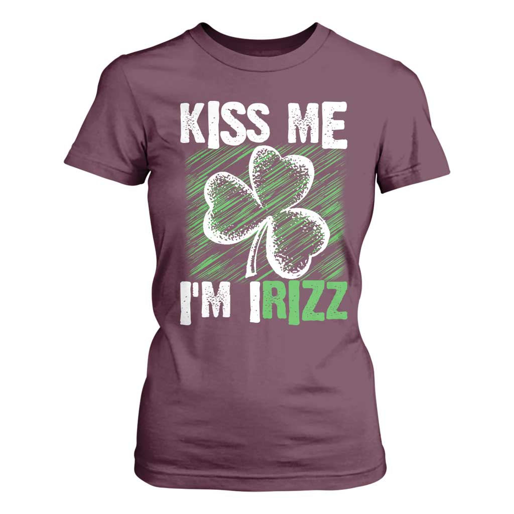 Funny St. Patrick's Day T Shirt For Women Kiss Me I'm iRizz Shamrock TS09 Maroon Print Your Wear
