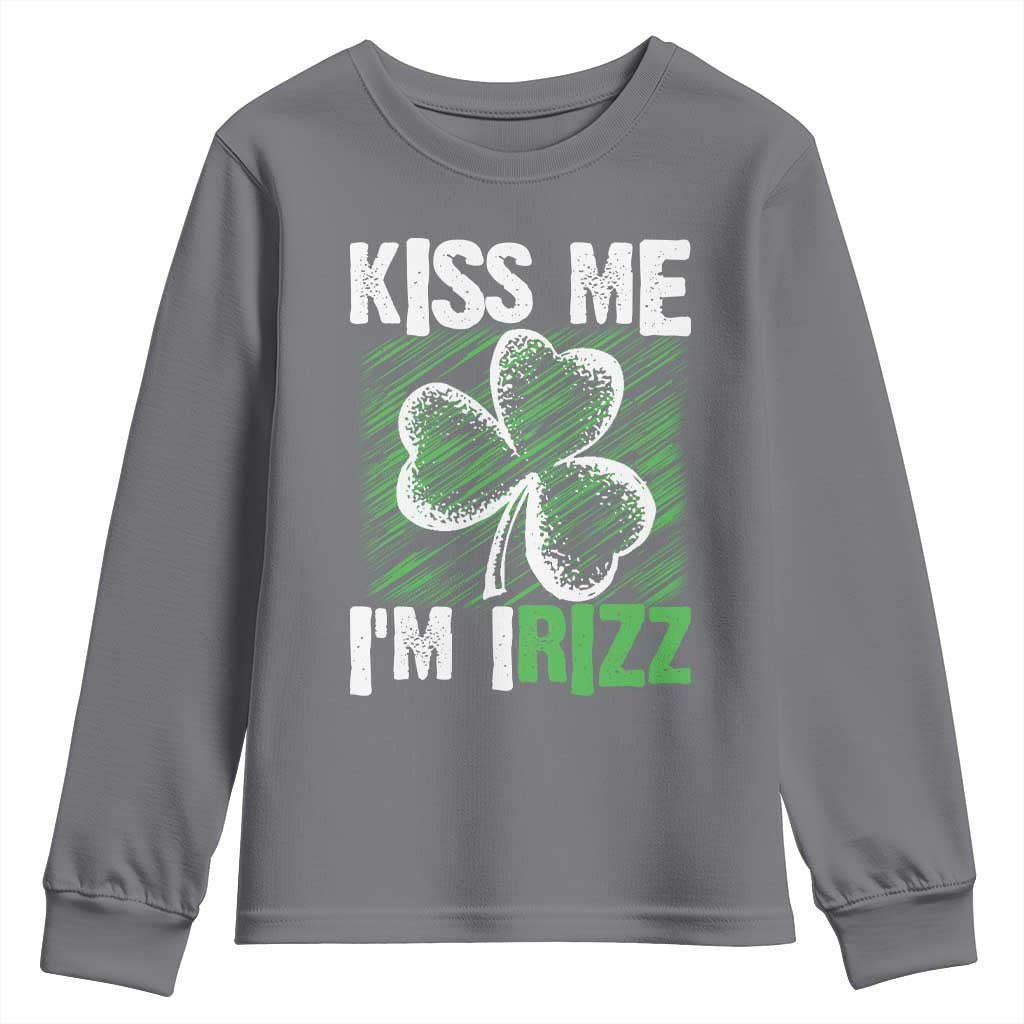 Funny St. Patrick's Day Youth Sweatshirt Kiss Me I'm iRizz Shamrock TS09 Charcoal Print Your Wear