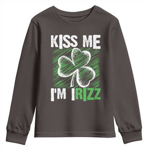 Funny St. Patrick's Day Youth Sweatshirt Kiss Me I'm iRizz Shamrock TS09 Dark Chocolate Print Your Wear