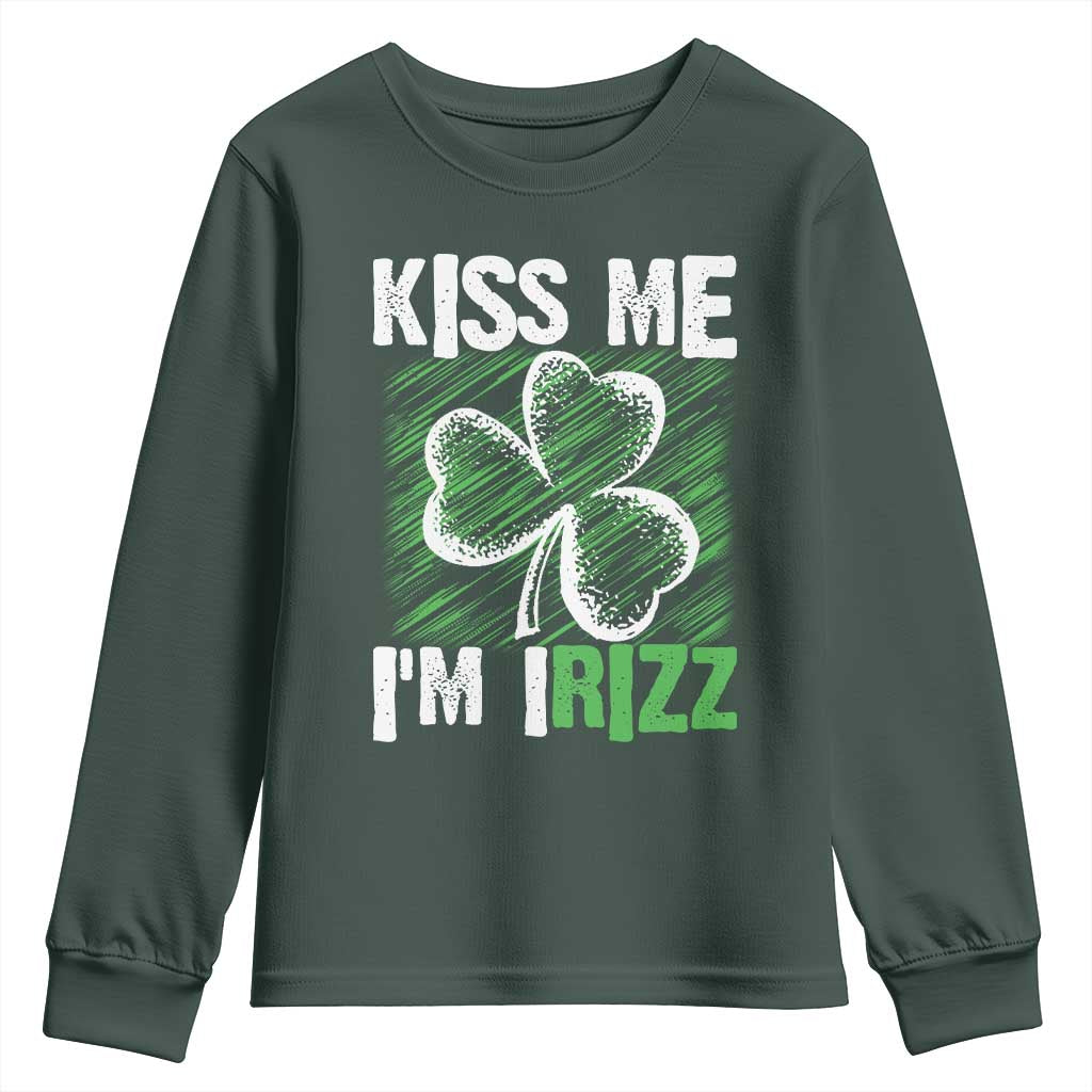 Funny St. Patrick's Day Youth Sweatshirt Kiss Me I'm iRizz Shamrock TS09 Dark Forest Green Print Your Wear