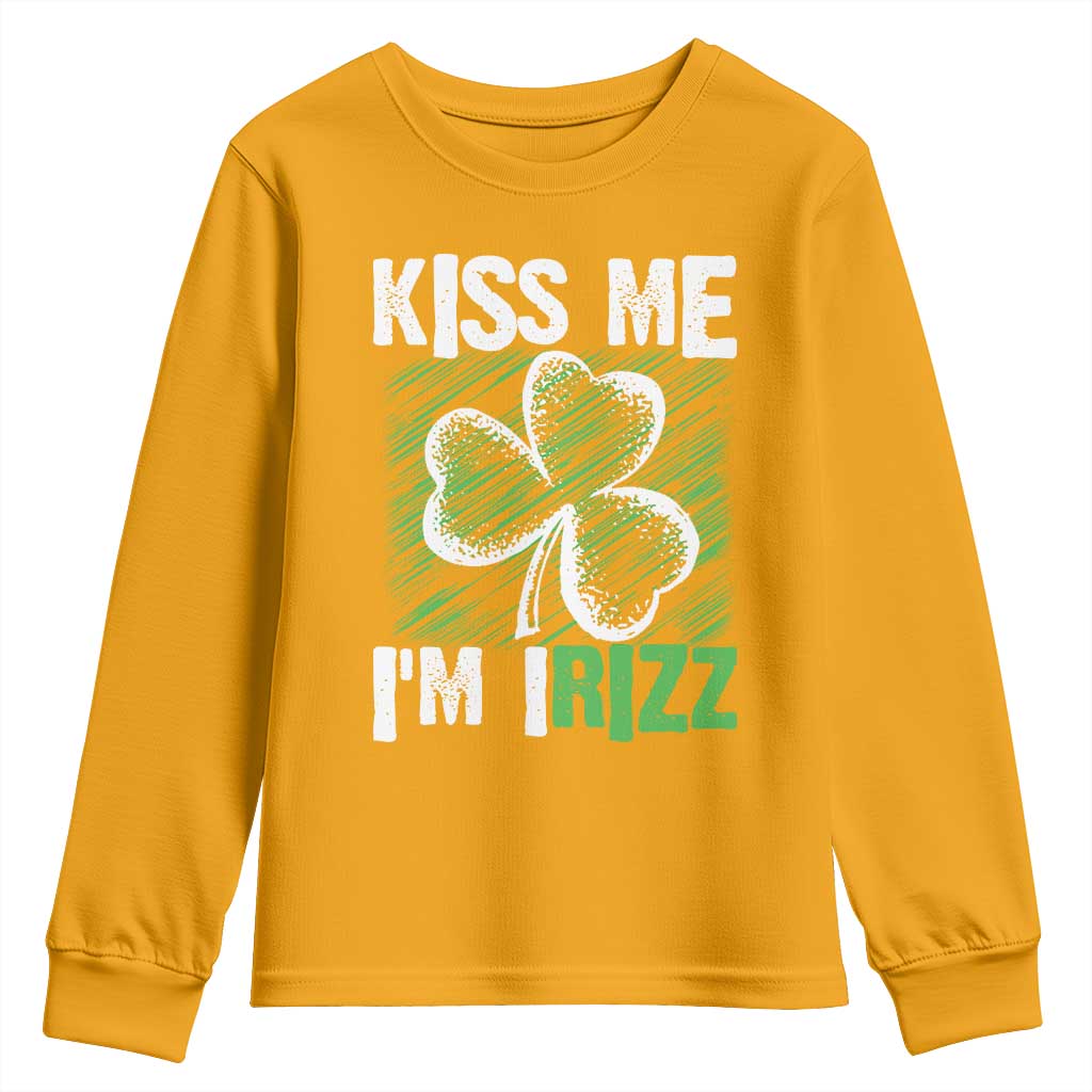 Funny St. Patrick's Day Youth Sweatshirt Kiss Me I'm iRizz Shamrock TS09 Gold Print Your Wear