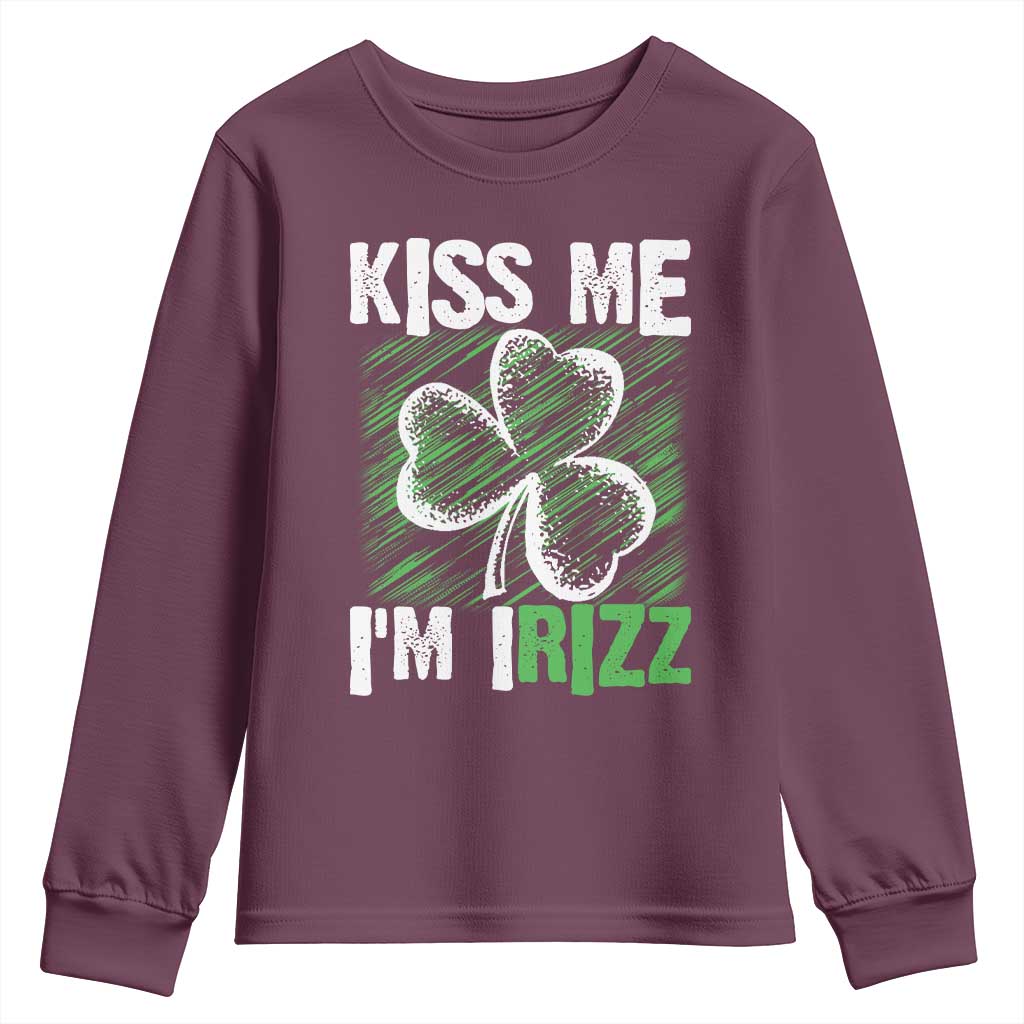 Funny St. Patrick's Day Youth Sweatshirt Kiss Me I'm iRizz Shamrock TS09 Maroon Print Your Wear