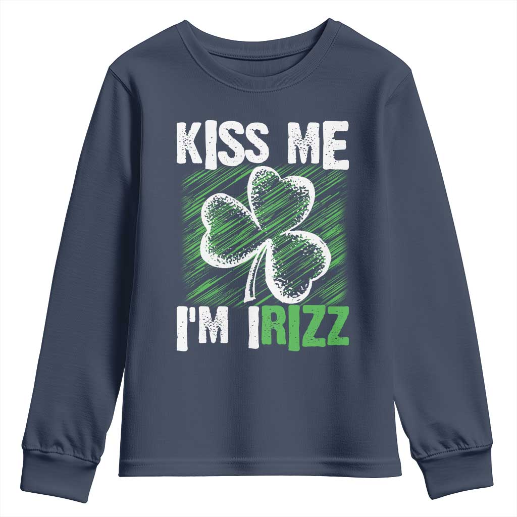 Funny St. Patrick's Day Youth Sweatshirt Kiss Me I'm iRizz Shamrock TS09 Navy Print Your Wear