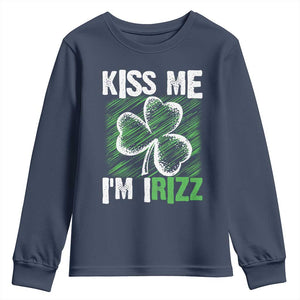Funny St. Patrick's Day Youth Sweatshirt Kiss Me I'm iRizz Shamrock TS09 Navy Print Your Wear