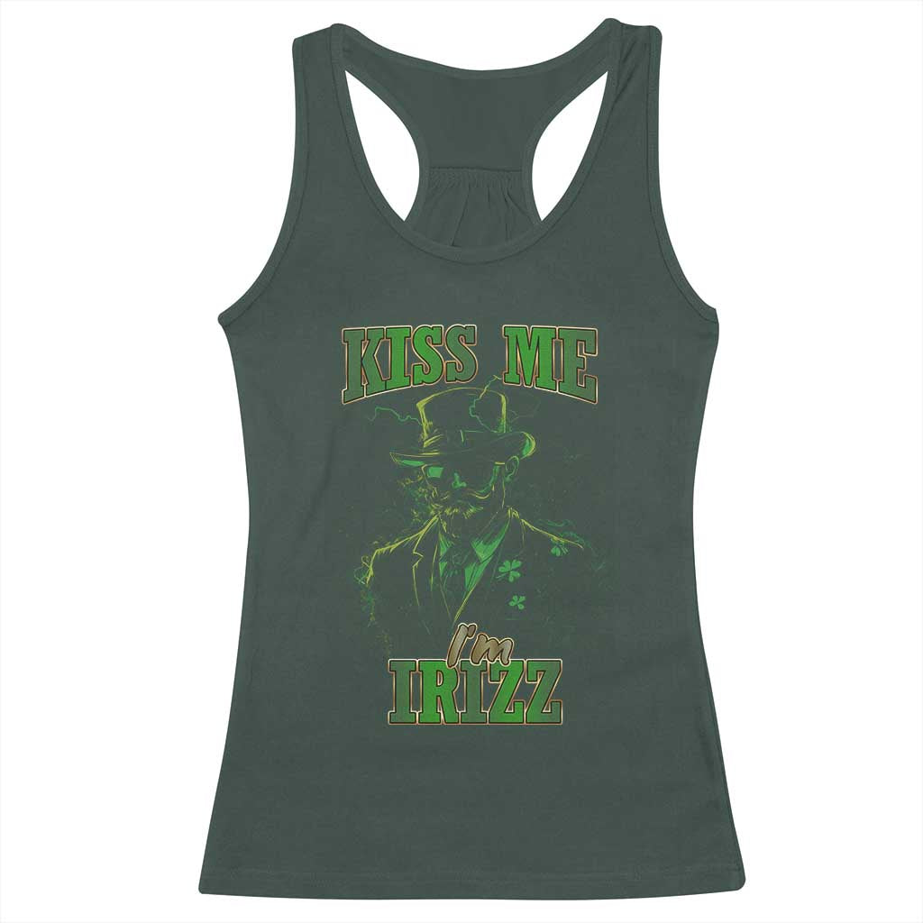 Funny St. Patrick's Day Racerback Tank Top Kiss Me I'm iRizz Cool Leprechaun TS09 Dark Forest Green Print Your Wear