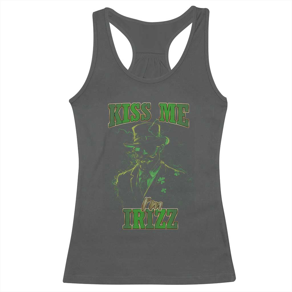 Funny St. Patrick's Day Racerback Tank Top Kiss Me I'm iRizz Cool Leprechaun TS09 Dark Heather Print Your Wear