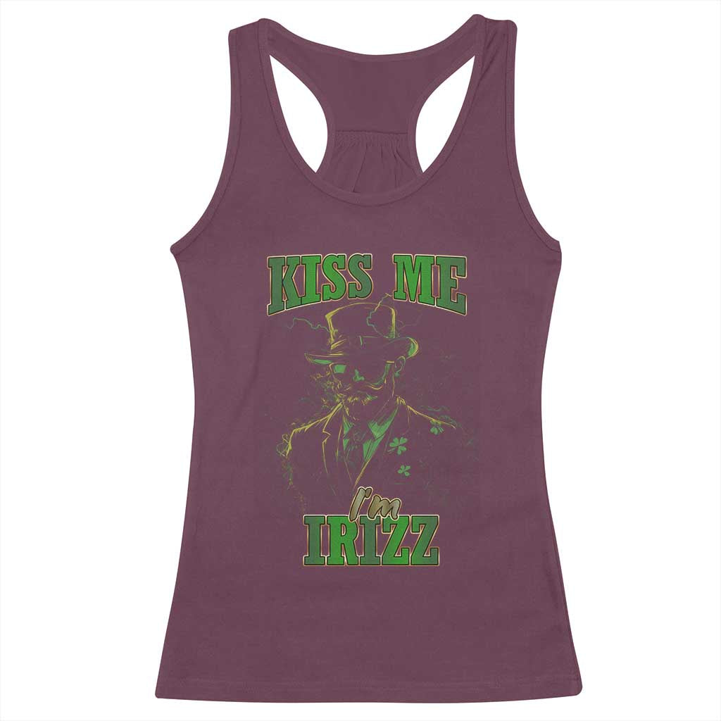 Funny St. Patrick's Day Racerback Tank Top Kiss Me I'm iRizz Cool Leprechaun TS09 Maroon Print Your Wear