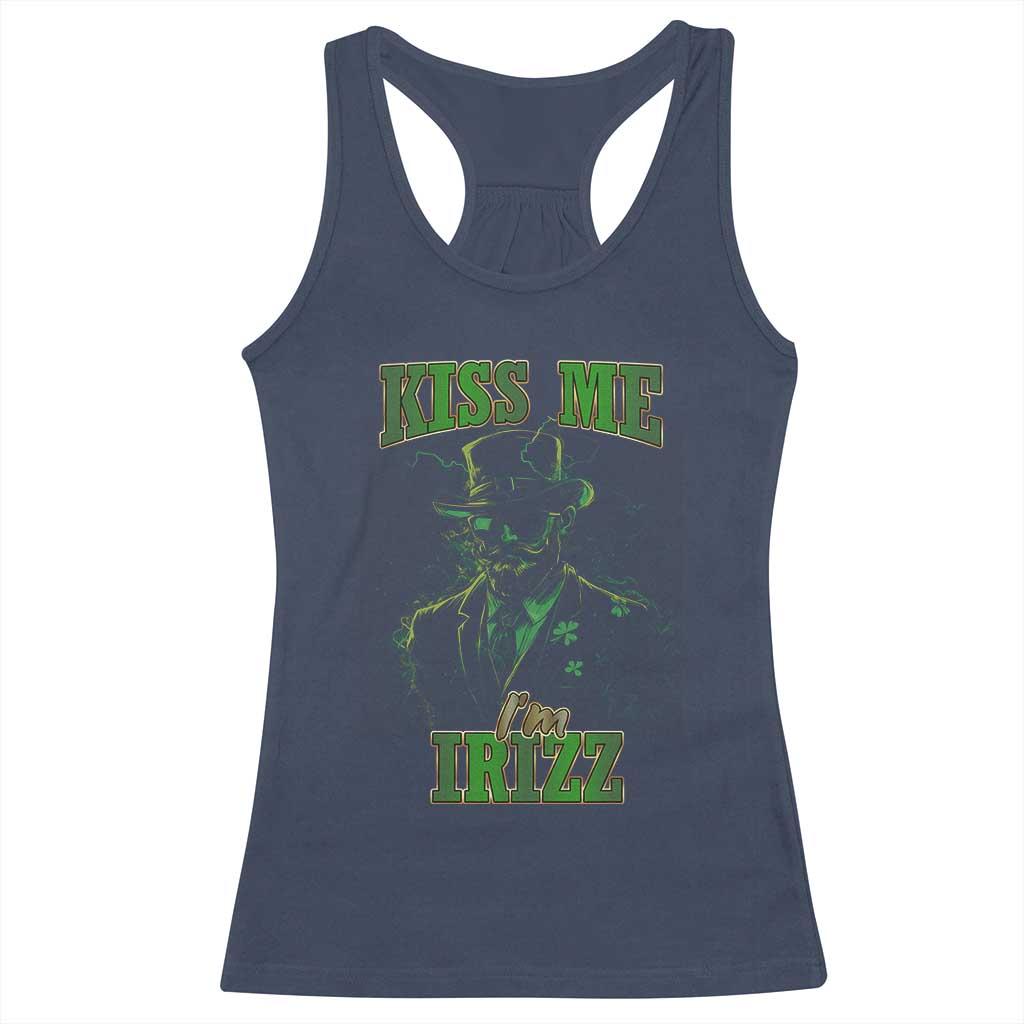 Funny St. Patrick's Day Racerback Tank Top Kiss Me I'm iRizz Cool Leprechaun TS09 Navy Print Your Wear