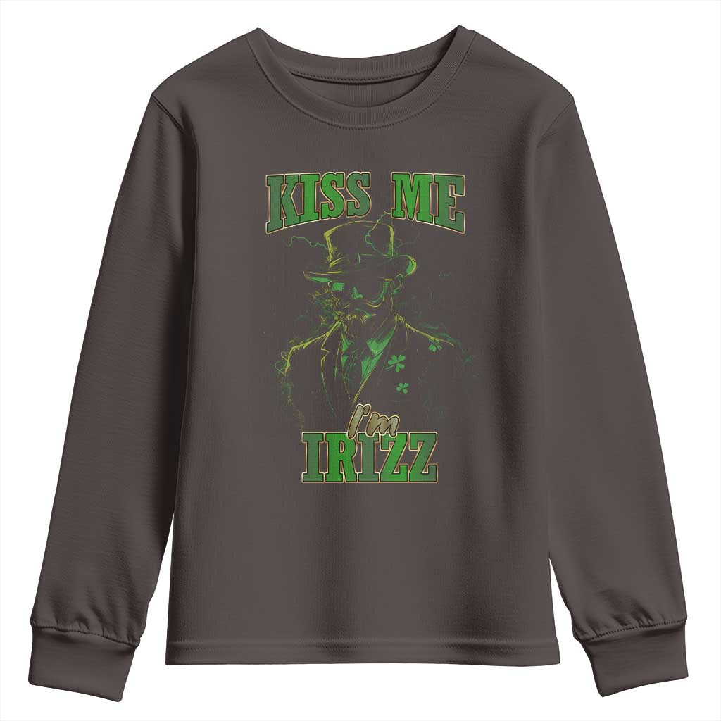 Funny St. Patrick's Day Youth Sweatshirt Kiss Me I'm iRizz Cool Leprechaun TS09 Dark Chocolate Print Your Wear