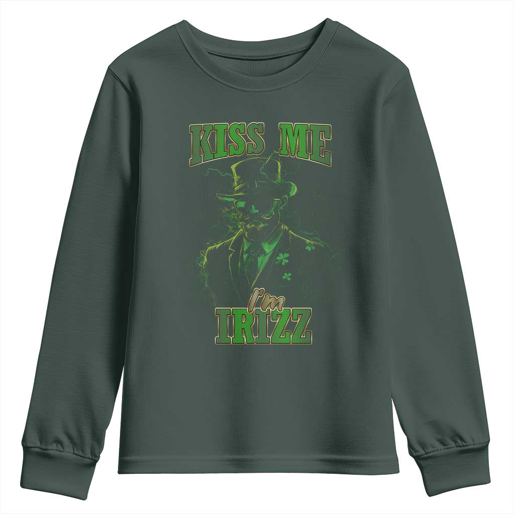 Funny St. Patrick's Day Youth Sweatshirt Kiss Me I'm iRizz Cool Leprechaun TS09 Dark Forest Green Print Your Wear