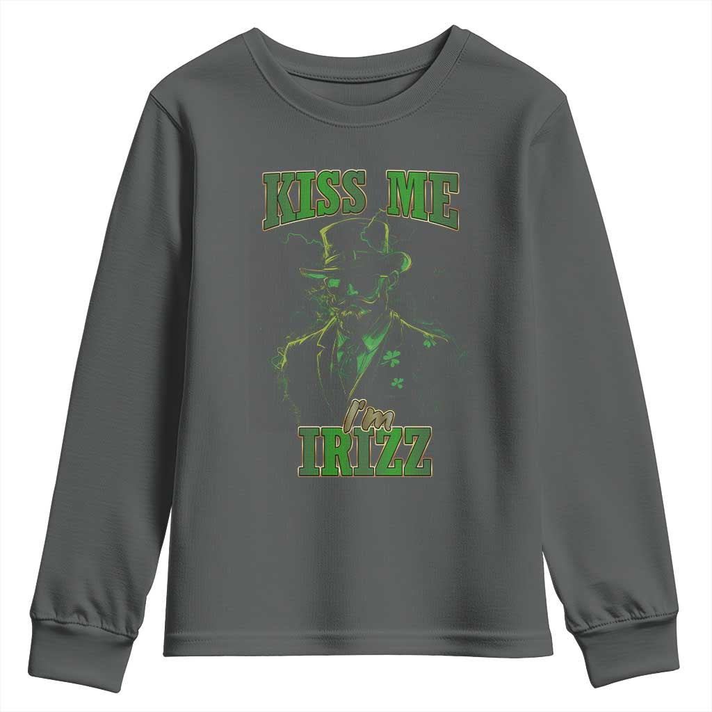 Funny St. Patrick's Day Youth Sweatshirt Kiss Me I'm iRizz Cool Leprechaun TS09 Dark Heather Print Your Wear