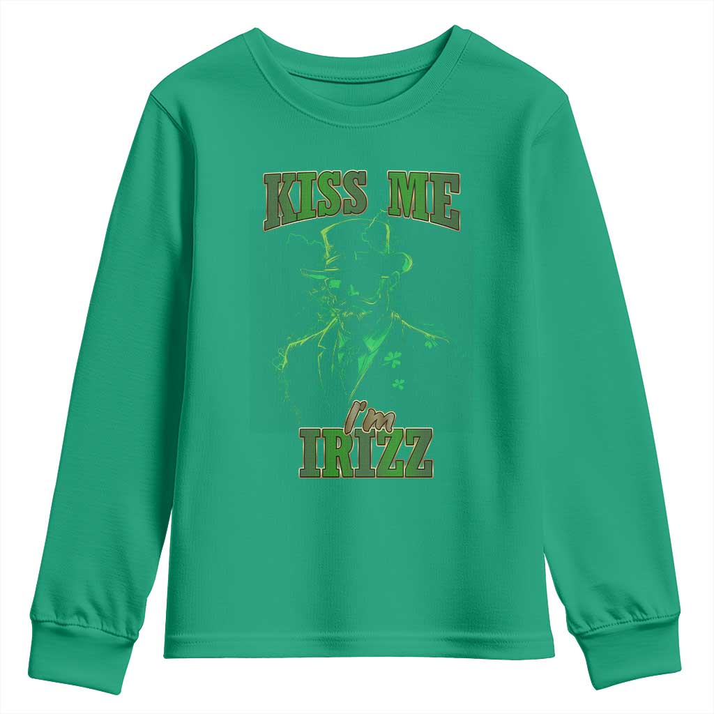 Funny St. Patrick's Day Youth Sweatshirt Kiss Me I'm iRizz Cool Leprechaun TS09 Irish Green Print Your Wear