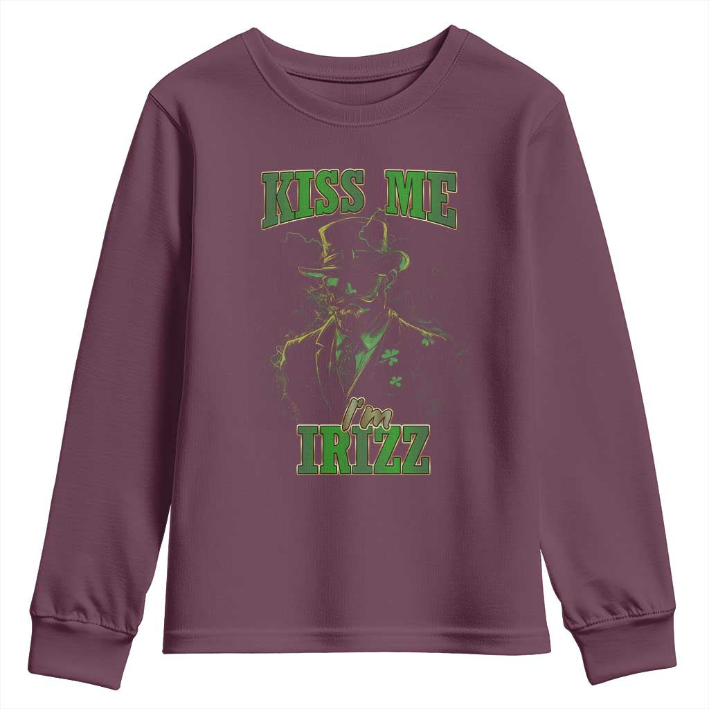 Funny St. Patrick's Day Youth Sweatshirt Kiss Me I'm iRizz Cool Leprechaun TS09 Maroon Print Your Wear