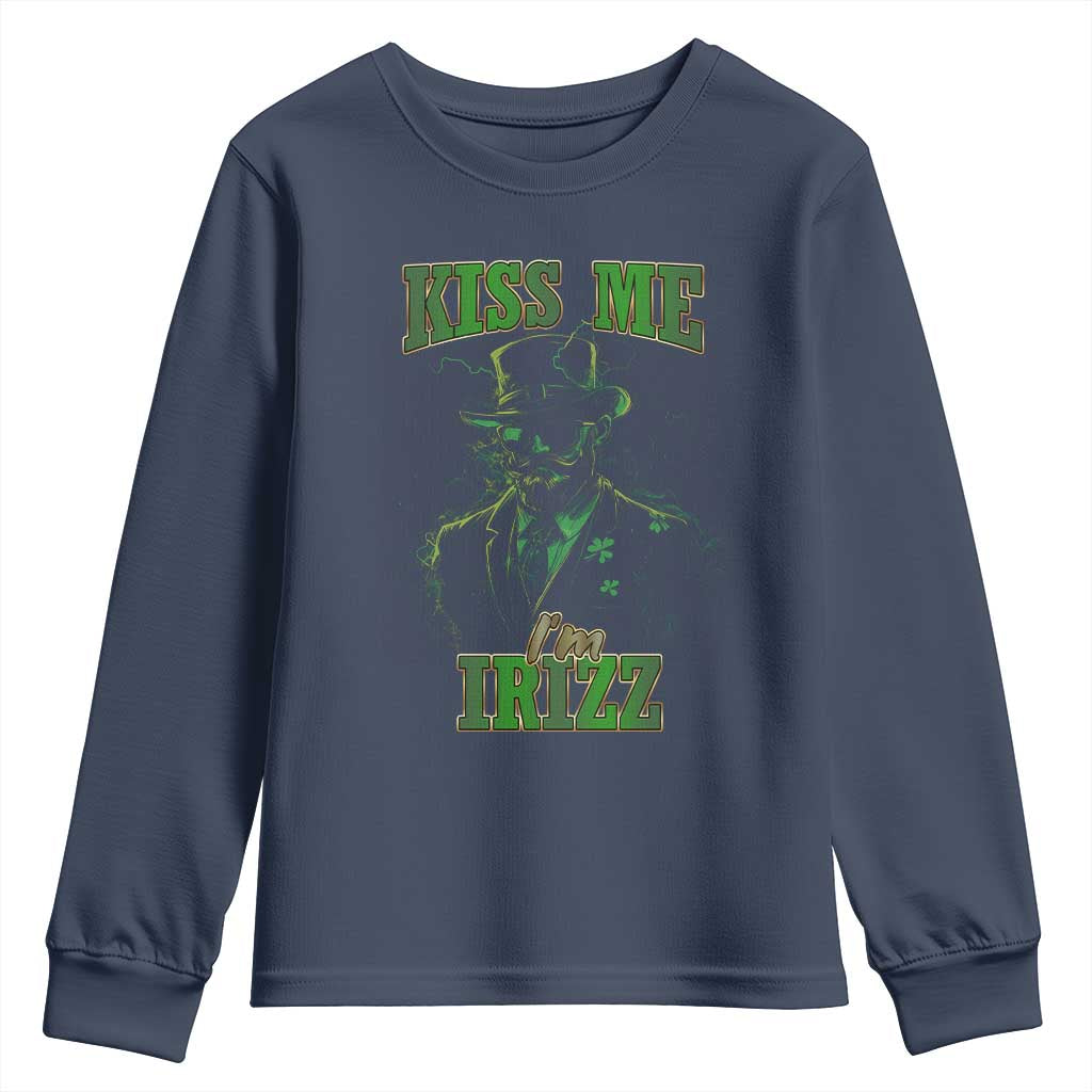 Funny St. Patrick's Day Youth Sweatshirt Kiss Me I'm iRizz Cool Leprechaun TS09 Navy Print Your Wear